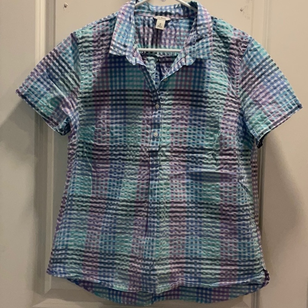L.L.Bean Women’s Short Sleeve Pastel Color Plaid Cotton Summer Shirt, Sz M